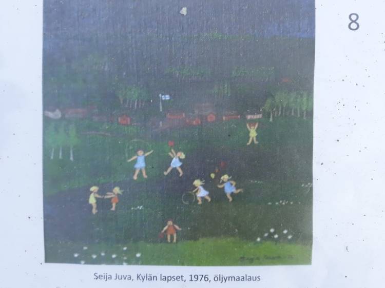 Tulostettu värikäs kuva Seija Juvan teoksesta Kylän lapset, 1976, öljymaalaus. Lapsia leikkimässä vihreällä niityllä.
