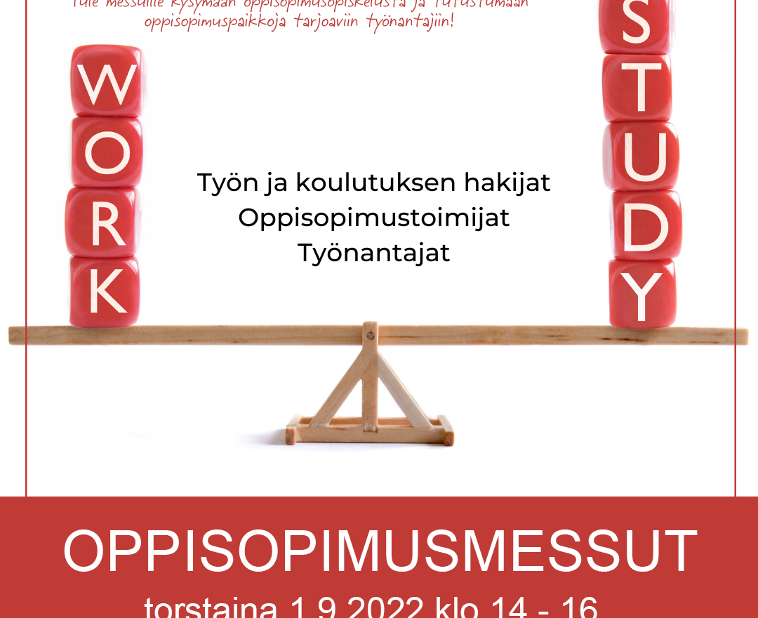 Puna-valkoinen mainos, jossa vaaka, jonka toisella puolella teksti Work ja toisella puolella Study, alaosassa aika ja paikka.