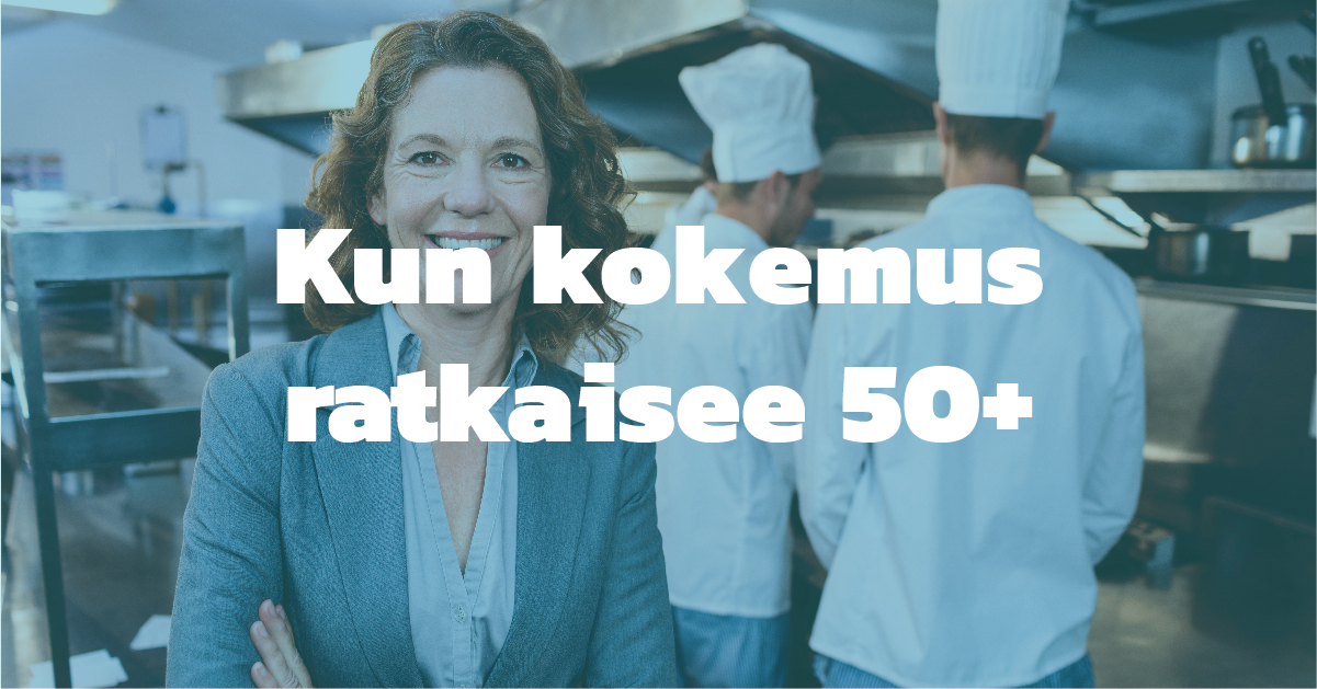 Kuvassa teksti "Kun kokemus ratkaisee 50+"´sekä henkilö, joka hymyilee.