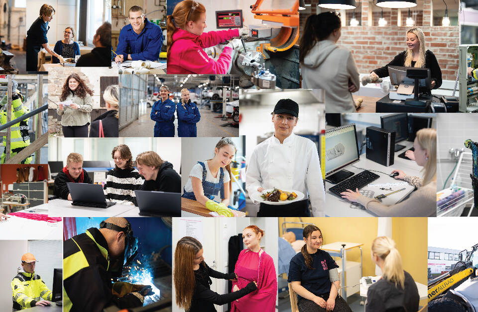 Kuvassa 20 eri koulutusalojen kuvaa, joissa nuoret henkilöt tekemässä alalle ominaista työtä.