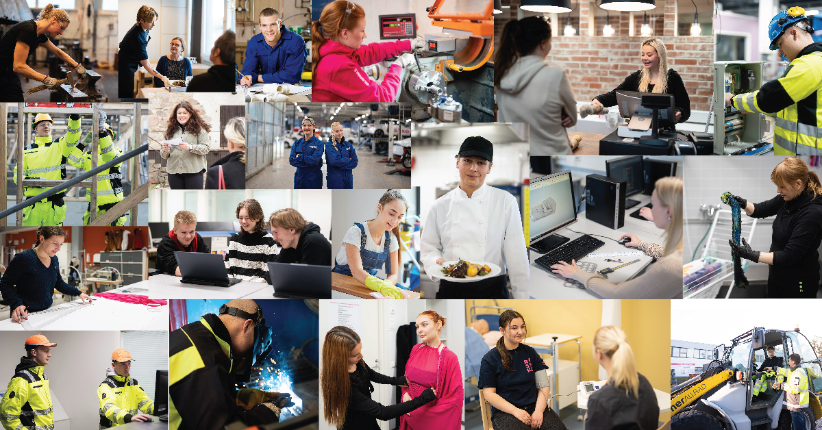 Kuvassa 20 eri koulutusalojen kuvaa, joissa nuoret henkilöt tekemässä alalle ominaista työtä.