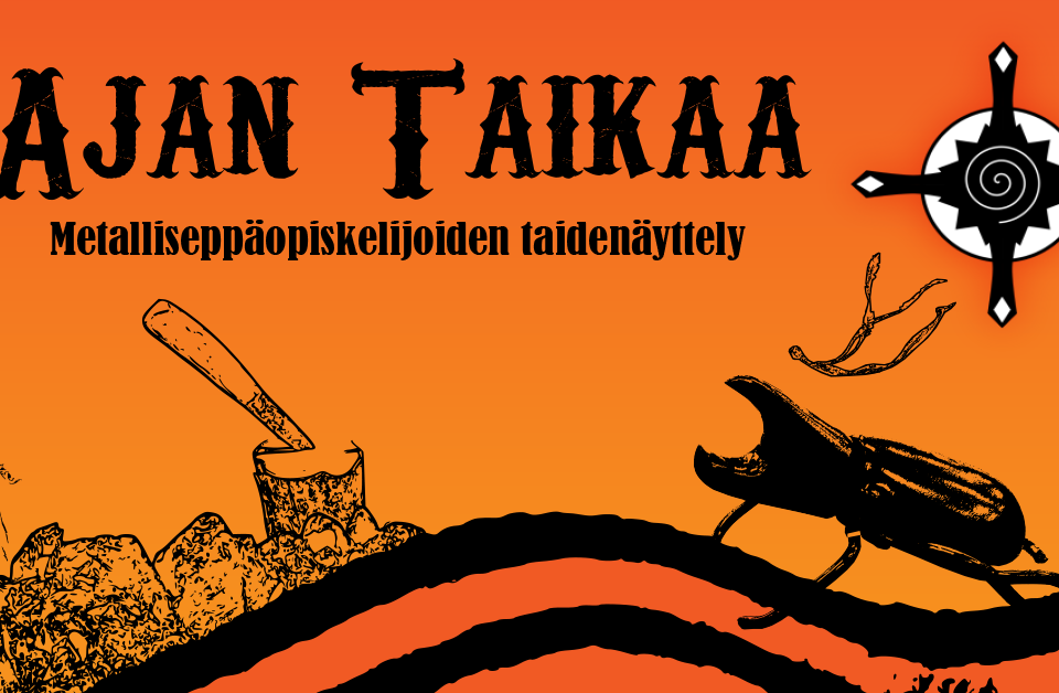 Ajan taikaa -näyttelyn mainosjuliste, oranssilla pohjalla mustat kirjaimet ja piirroskuvat.
