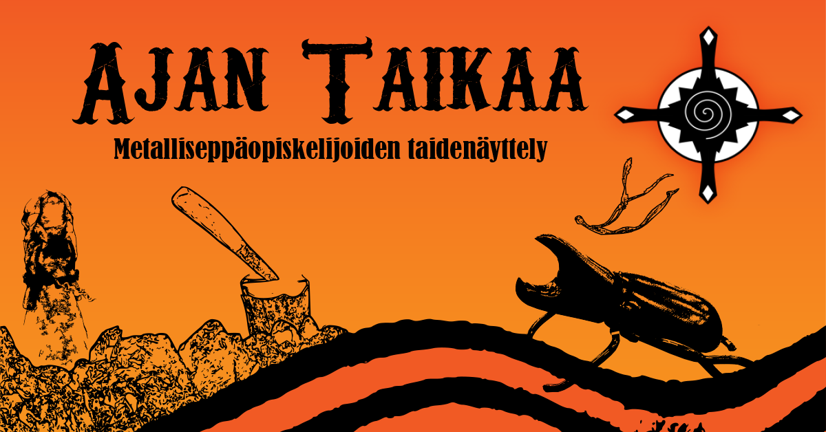 Ajan taikaa -näyttelyn mainosjuliste, oranssilla pohjalla mustat kirjaimet ja piirroskuvat.