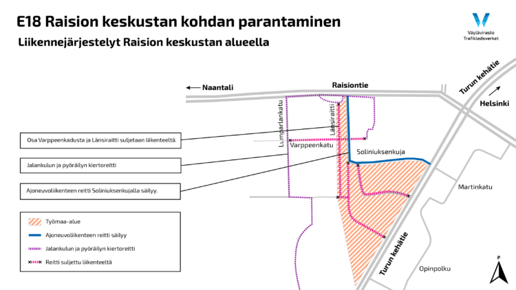 E18 Raision keskustan kohdan parantaminen, liikennejärjestelyt Raision keskustan alueella kartta.