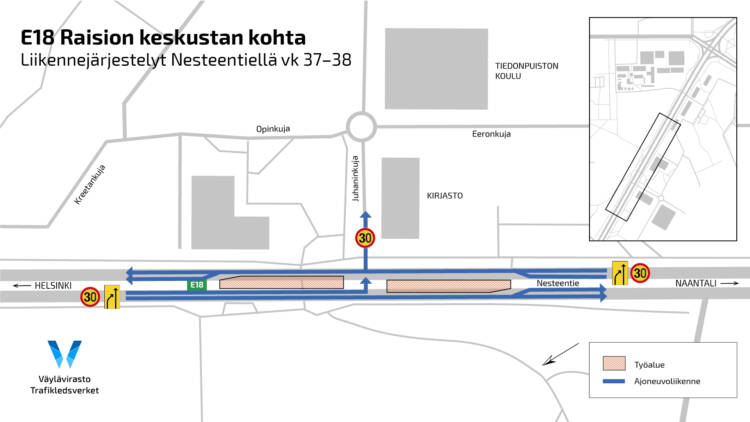 Piirretty Raision keskustan kartta, joka kuvaa kaistojen sulkuja.